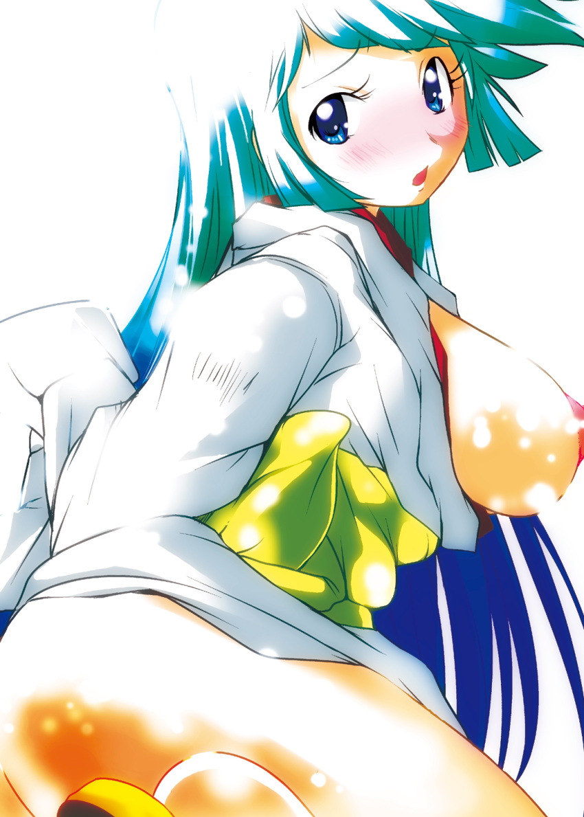 1girls 2011 blue_eyes blush breasts dororon_enma-kun female hair_ornament highres japanese_clothes large_breasts long_hair nipple nipples princess solo yuki_onna yukiko_hime yuumin