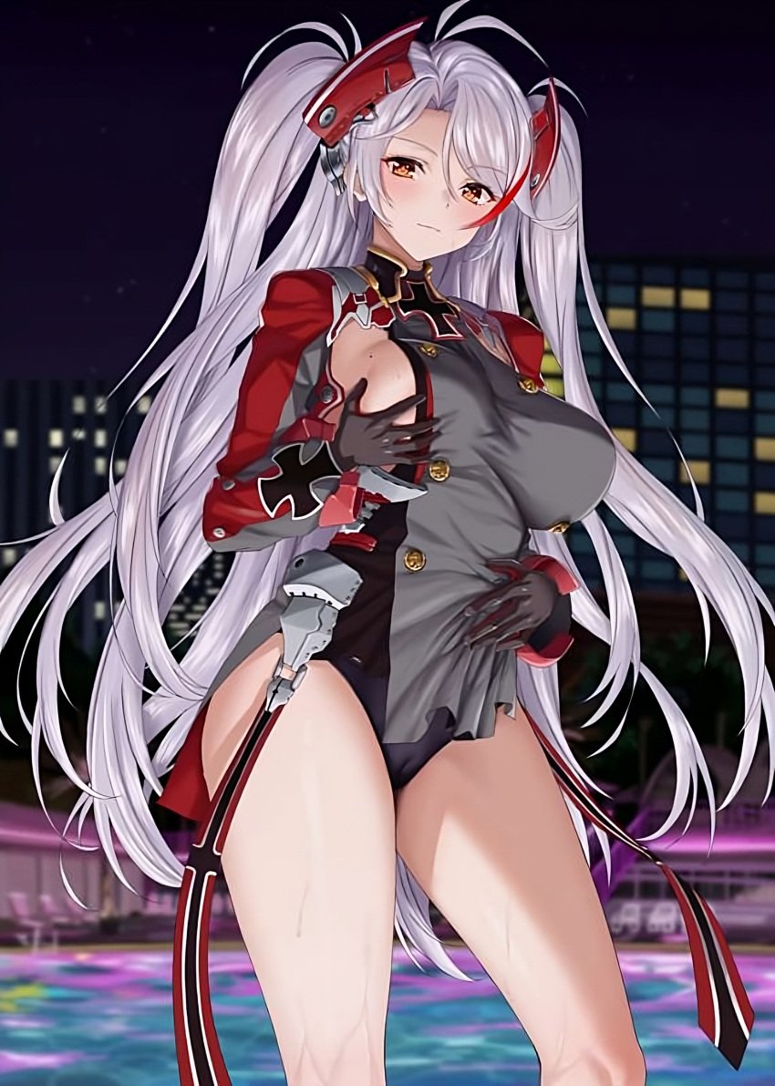 ass azur_lane black_gloves black_panties blush breasts cameltoe exposing exposing_pussy exposing_self female female_focus fuooooo girl girls gloves groping groping_breasts groping_self hair hair_accessory hair_between_eyes hair_ornament hair_over_one_eye hand_on_belly hand_on_breast hazel_eyes legs_apart long_hair looking_at_viewer military_skirt military_uniform panties pool pool_in_background prinz_eugen_(azur_lane) provocative revealing_clothes revealing_panties revealing_pussy shiny_skin sideboob silver_hair slit standing thighs uniform vagina_slit vagina_visible_through_clothing white_body white_hair white_skin