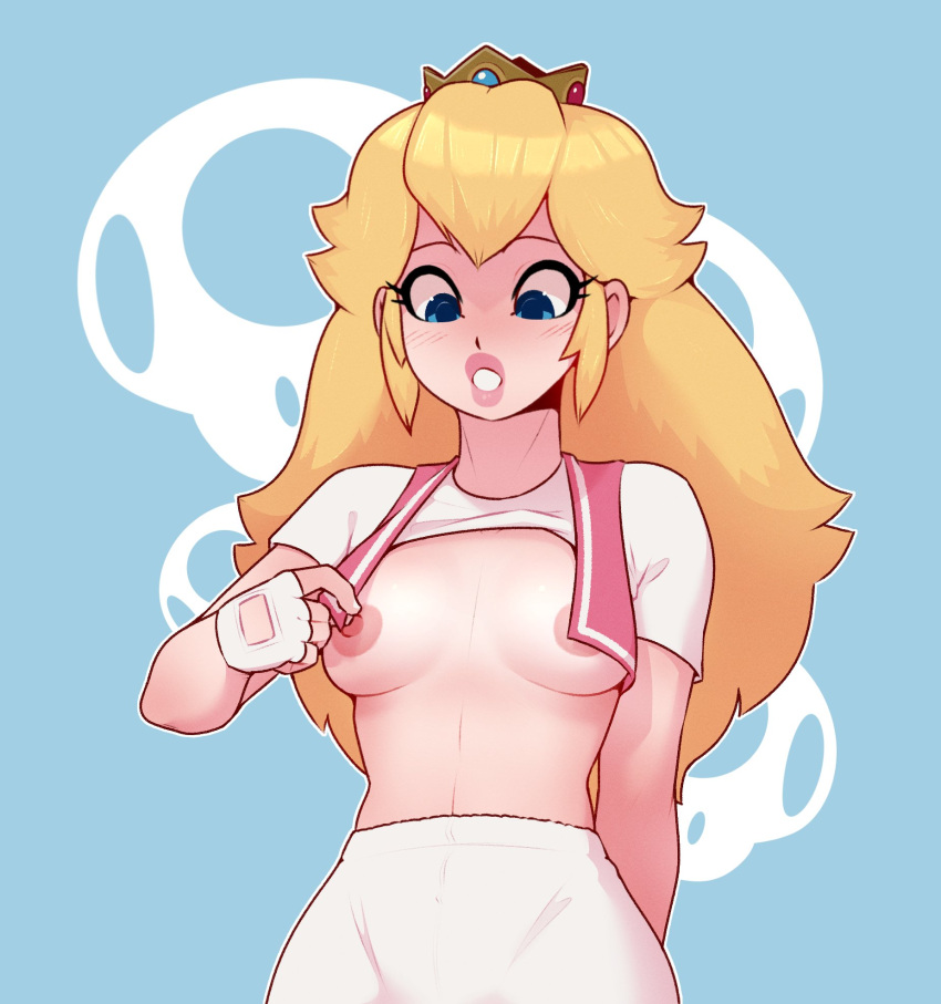 1girls areolae blonde blonde_female blonde_hair breasts breasts_out casual casual_nudity dabble exposed_breasts female female_only looking_down mario_(series) medium_breasts nipples princess_peach simple_background solo standing