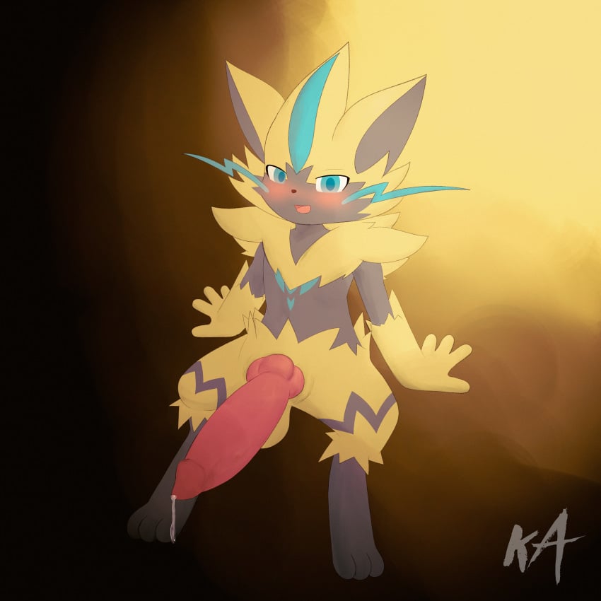 1boy 4_fingers absurd_res anthro anthro_only big_penis blush bodily_fluids fingers fur generation_7_pokemon genital_fluids genitals hi_res huge_filesize kamume833 legendary_pokemon looking_at_viewer male male_only nintendo paws penis pokemon pokemon_(species) precum solo yellow_body yellow_fur zeraora