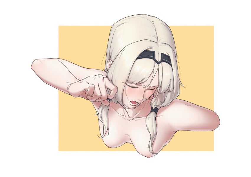 absurdres an-94_(girls'_frontline) black_hairband blonde_hair blush breasts closed_eyes collarbone completely_nude emile_aoi female girls'_frontline hairband highres nude open_mouth parted_bangs sidelocks simple_background solo upper_body