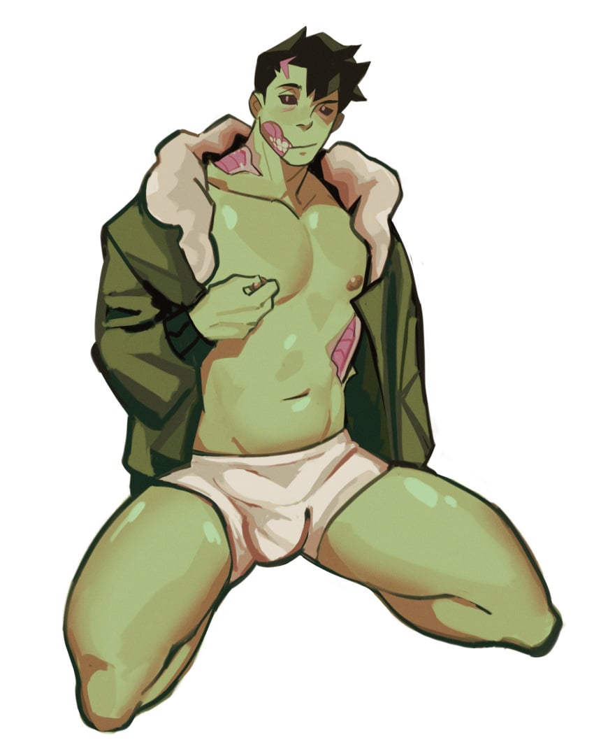 1boy bottomwear brian_yu bulge bulge_through_clothing clothed color gay green_body jacket looking_at_viewer male male/male male_focus male_only monster_prom muscular muscular_male no_shirt padeliciouss/dantesrealm solo solo_focus solo_male topwear touching_nipples underwear white_background zombie