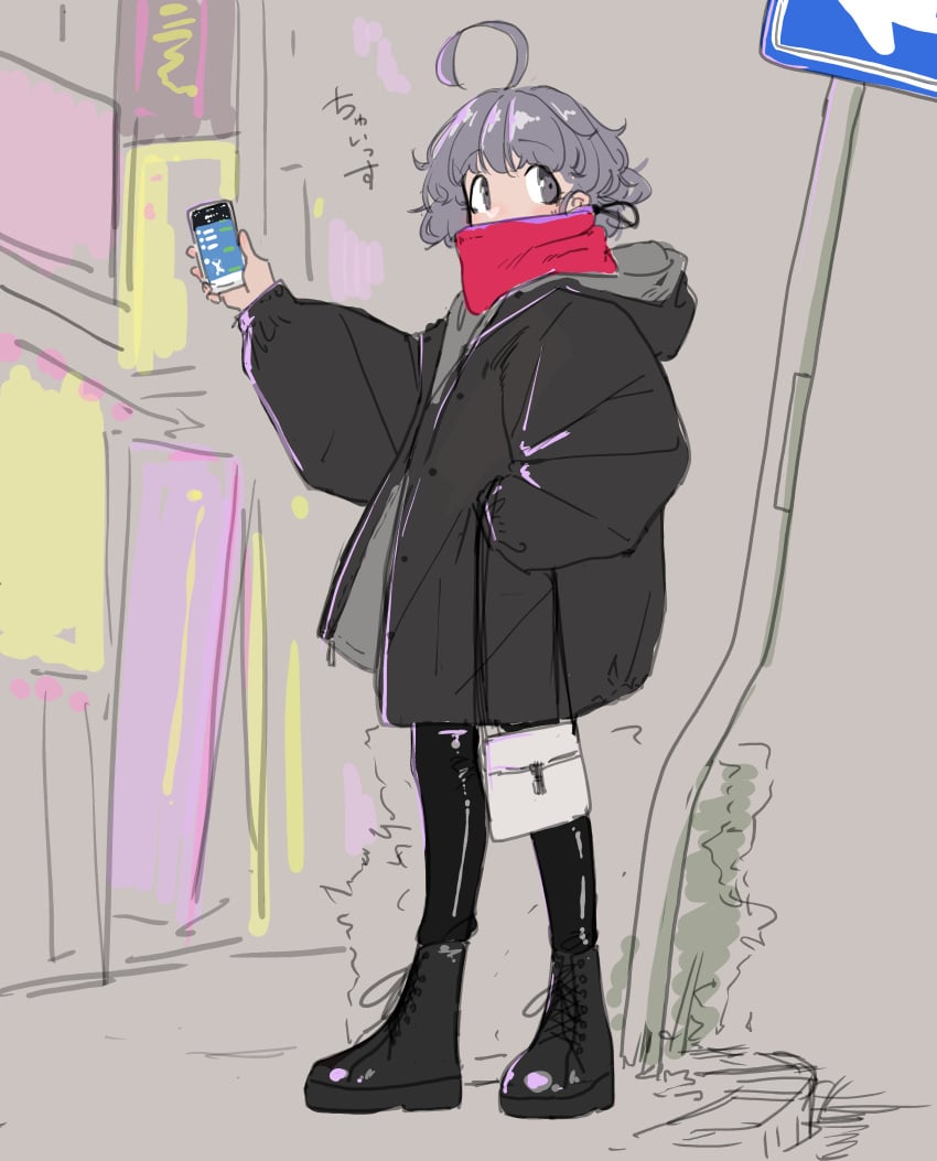 1girls akane_(mattsuu) boots cellphone clothed clothed_female earrings female female_only grey_eyes grey_hair ijnacrj scarf tagme