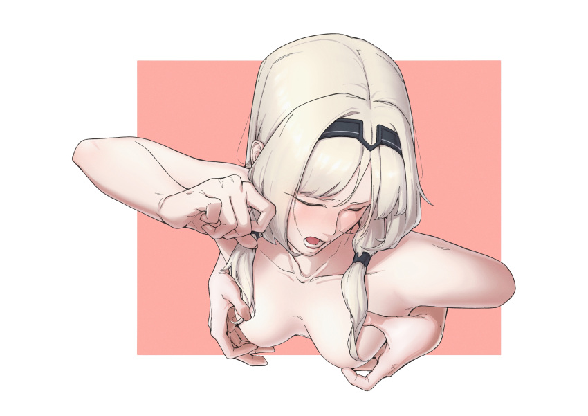 absurdres an-94_(girls'_frontline) black_hairband blonde_hair blush breast_grab breasts closed_eyes collarbone completely_nude emile_aoi female girls'_frontline grabbing hairband highres nude open_mouth parted_bangs sidelocks simple_background solo upper_body