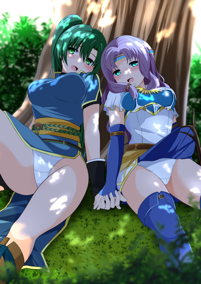 2girls against_tree aqua_eyes armor bare_arms bare_legs bare_thighs blush boots breasts clothes_lift elbow_gloves female female_only fingerless_gloves fire_emblem fire_emblem:_the_blazing_blade florina_(fire_emblem) gloves green_eyes green_hair headband holding_hands kisaragi_setsu_(mssk8485) large_breasts legs long_hair looking_at_viewer lyn_(fire_emblem) medium_breasts multiple_girls nintendo open_mouth outdoors panties pelvic_curtain pelvic_curtain_lift ponytail purple_hair short_sleeves sitting skirt skirt_lift sleeping smile stick thick_thighs thigh_boots thighs tree tree_branch underwear upside-down upskirt very_long_hair waking_up white_panties yuri