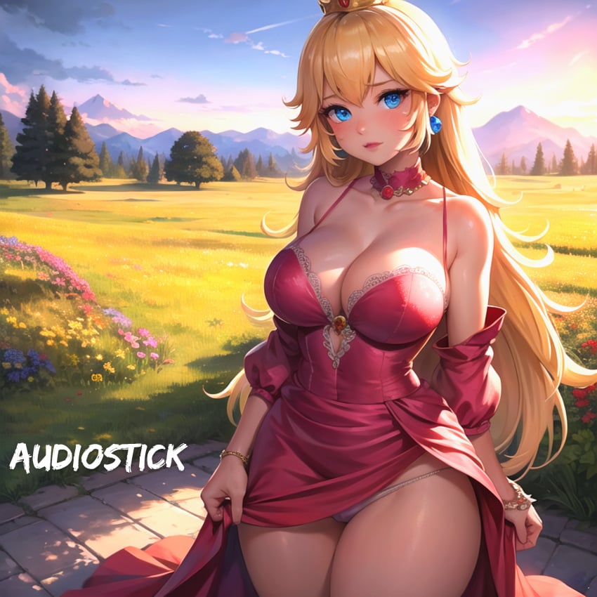 1girls 2023 ai_generated audiostick blonde_hair blue_eyes blush blushing_at_viewer bracelet breasts bright_colors bright_eyes cameltoe choker cleavage color colorful crown detailed detailed_background dress dress_lift earrings female flower hi_res high_resolution highres large_breasts looking_at_viewer mario_(series) mountain nintendo panties princess princess_peach skirt_lift stable_diffusion sunlight sunset trees vibrant watermark wide_hips