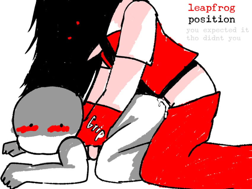 1boy 1girls ass black_hair blush blush_lines chest_grab clothing creepypasta cum cum_in_ass friday_night_funkin gloves gripping hips hypnos_lullaby kuuderealt leapfrog_position long_hair looking_at_another looking_back looking_down oh_shit_oh_fuck red_eyes rough_sex serious serious_look simple_background simple_coloring simple_shading smaller_female steven_(strangled_red) torso_grab