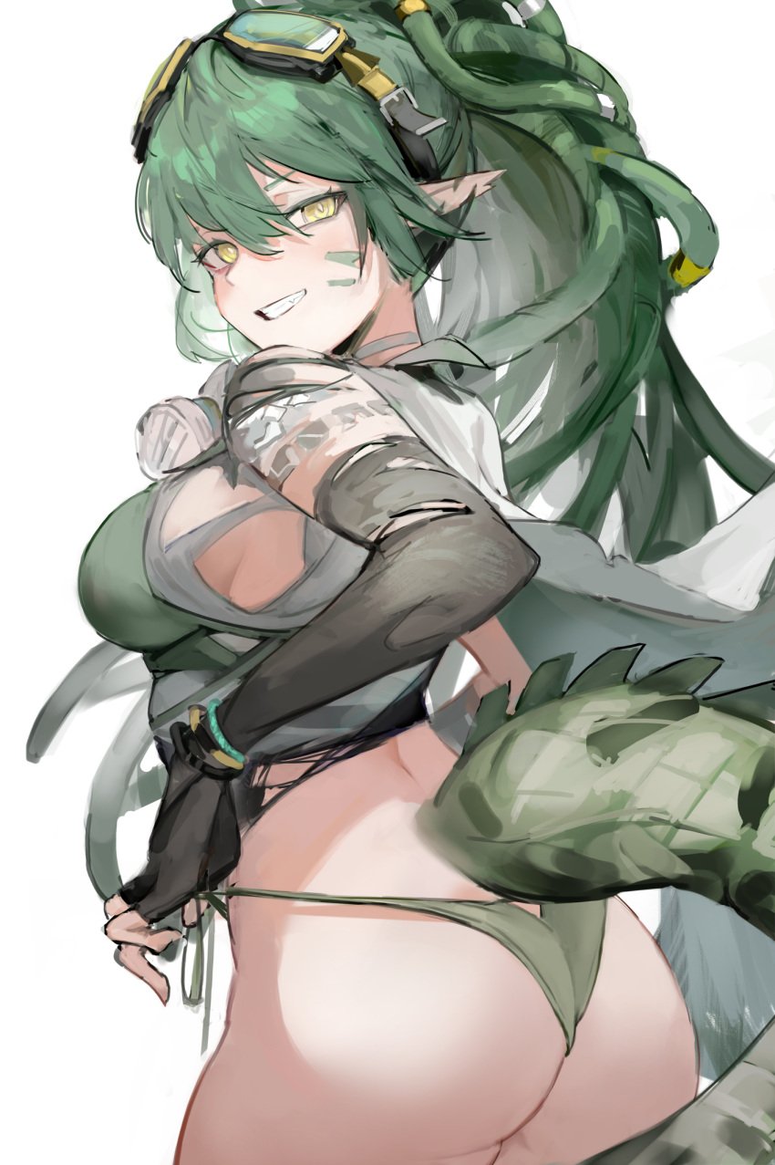 1girls 2023 arknights ass ass_focus bikini breasts g-nai gavial_(arknights) gavial_the_invincible_(arknights) gloves green_hair hi_res long_hair looking_at_viewer oerba_yun_fang pointy_ears simple_background smile solo standing swimsuit tail underwear yellow_eyes