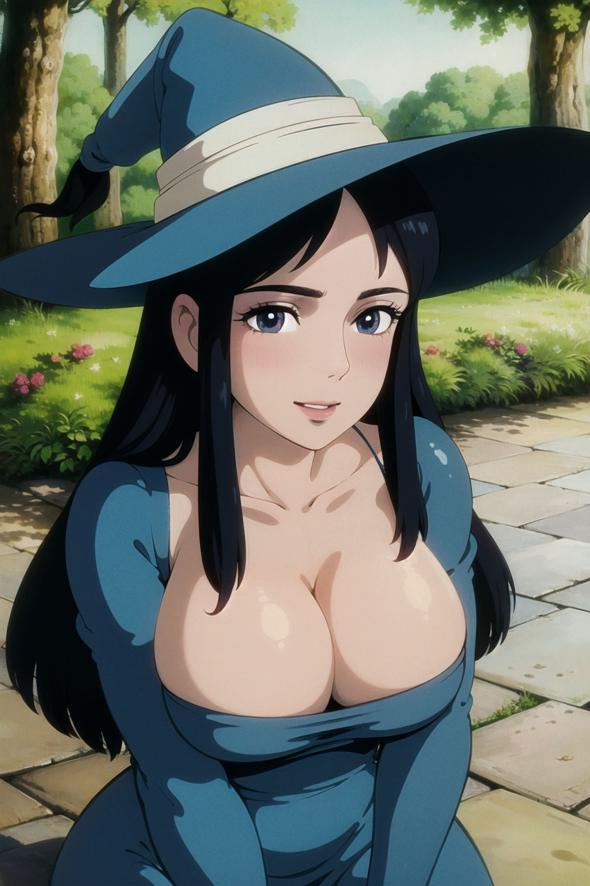 ai_generated blue_dress blue_eyes breasts brown_hair clothing dress female female_only hat headwear high_resolution large_breasts retromage solo studio_ghibli very_high_resolution witch witch_hat