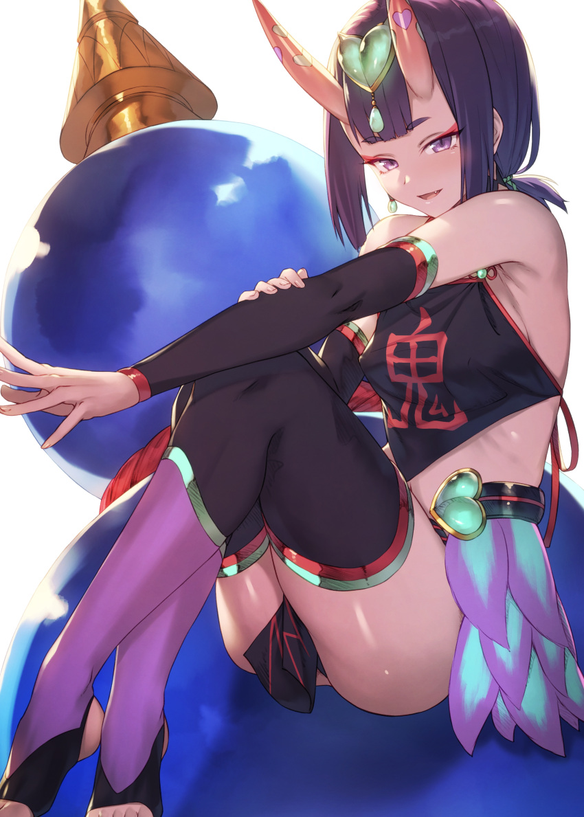 1girls ass bare_shoulders blunt_bangs breasts covered_nipples crossed_legs detached_sleeves dudou earrings fate/grand_order fate_(series) female gem horns ibuki_notsu japanese_clothes jewelry legs light-skinned_female oni oni_horns pelvic_curtain purple_eyes purple_hair revealing_clothes short_hair shuten_douji_(fate) shuten_douji_(halloween_caster) sitting small_breasts solo stirrup_legwear thighhighs thighs toeless_legwear