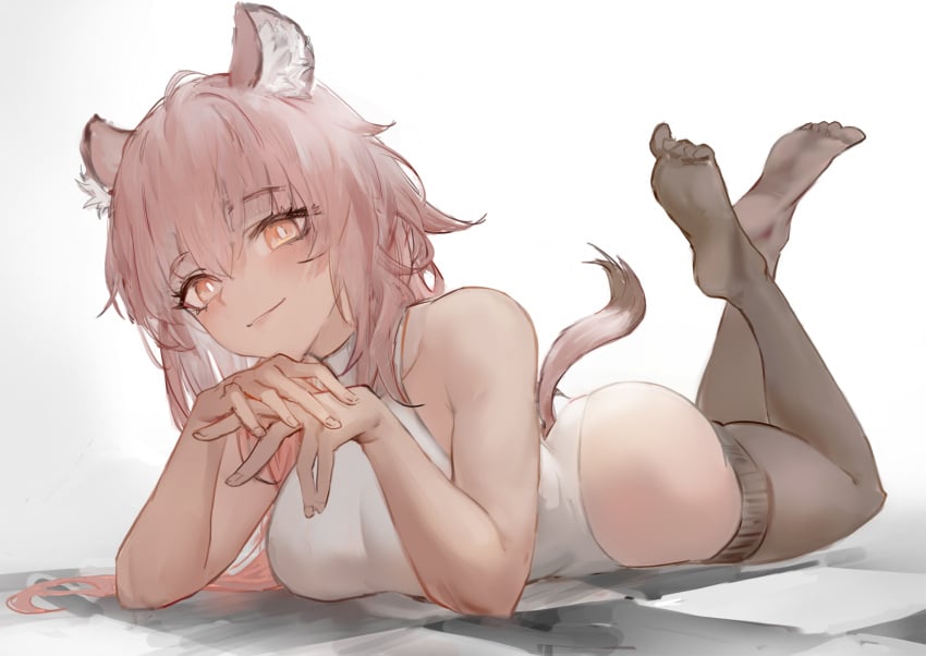 1girls 2023 animal_ear_fluff animal_ears arknights ass bare_shoulders bare_thighs blush breasts feet g-nai gravel_(arknights) hi_res legs legs_up legwear leotard looking_at_viewer lying lying_on_stomach pink_eyes pink_hair short_hair simple_background smile solo tail thighhighs thighs toes