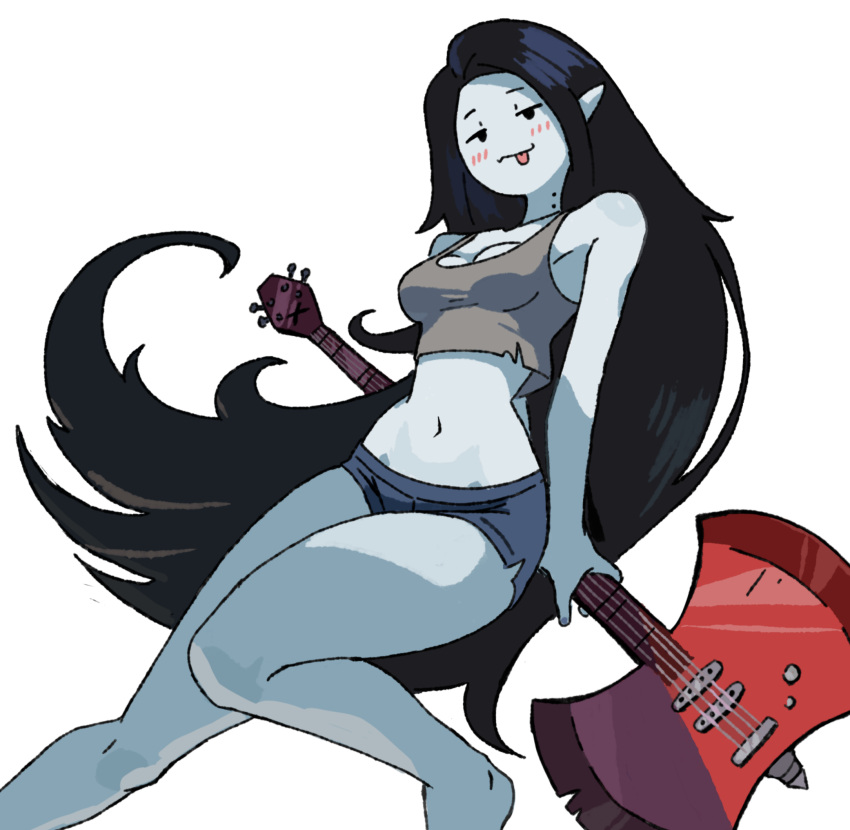 1girls adventure_time barefoot bass_guitar bedroom_eyes belly belly_button blush cartoon_network cleavage clothing crop_top female foot_out_of_frame full_body fully_clothed grabbing_object guitar levitation long_hair looking_at_viewer marceline musical_instrument pale_skin pinup shorts slender solo solo_female solo_focus thighs tongue_out vampire wersman white_background