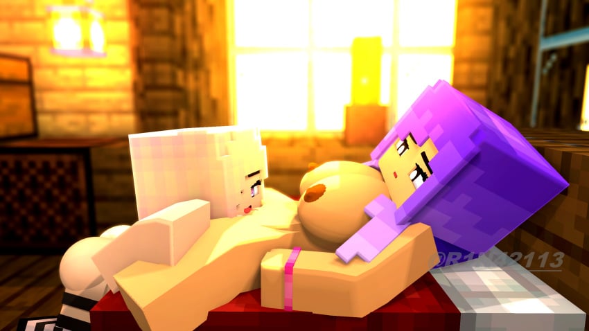 2girls 3d alley_(r1n42113) bed bedroom horny_female legna_deth licking_pussy looking_at_partner mine-imator minecraft multicolored_hair nude_female on_bed oral outside pink_eyes purple_hair r1n42113 smile sunset tagme yuri