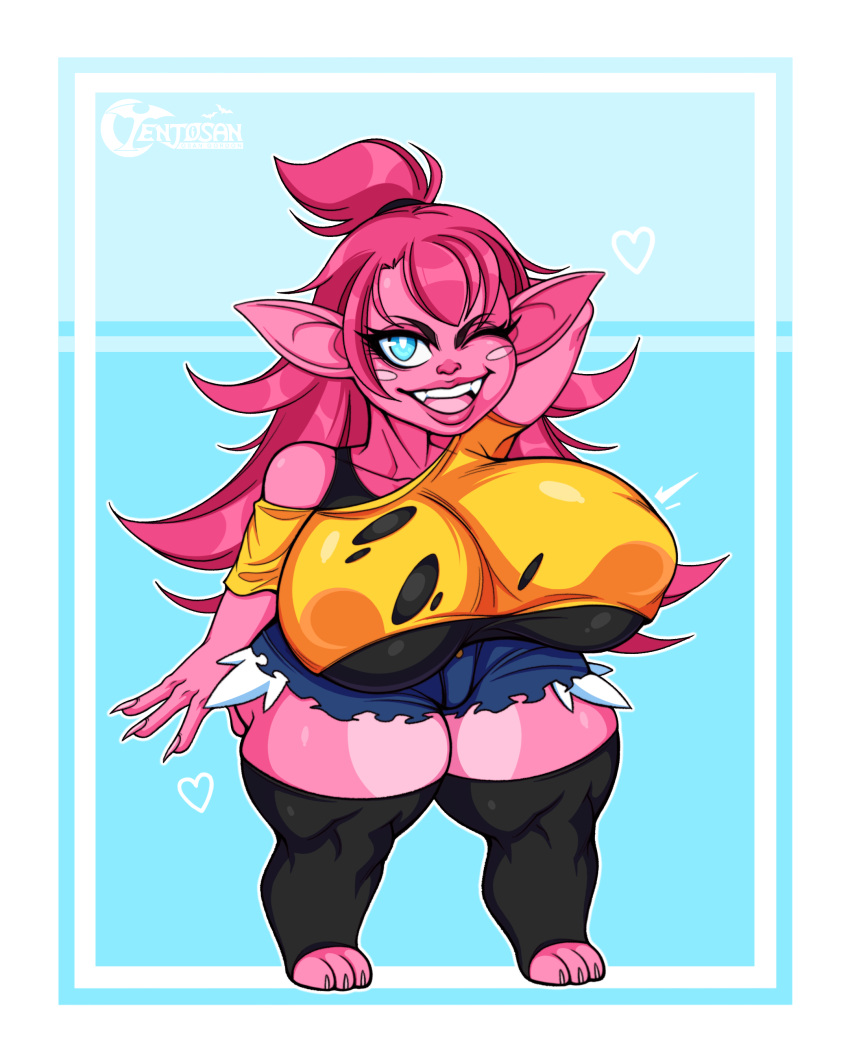 absurd_res big_breasts big_ears blush blush_stickers bottomwear breasts clothed clothing fan_character fangs female goblin goblin_female hair hi_res hotpants humanoid legwear nipple_outline off_shoulder one_eye_closed pink_body pink_hair short_stack shorts solo teeth tenjosan thick_thighs thigh_highs top_heavy wink