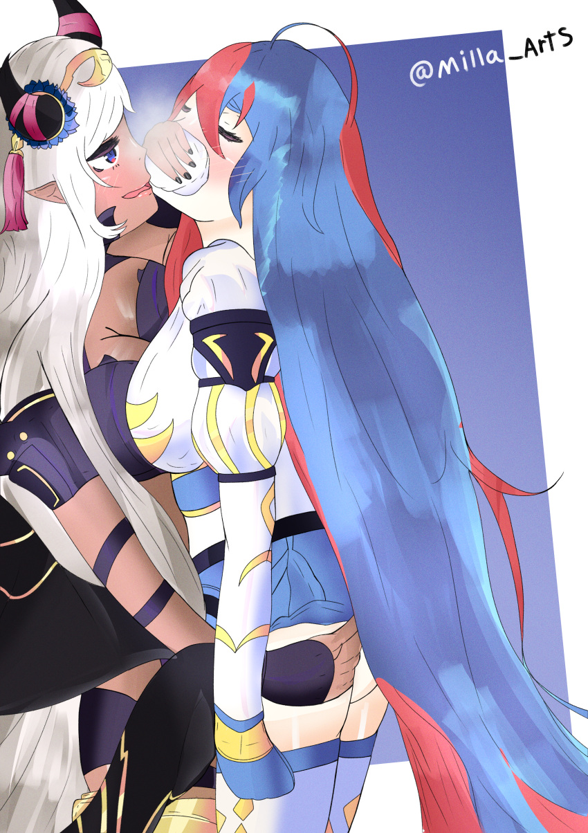 2girls absurdly_long_hair ahoge alear_(female)_(fire_emblem) alear_(fire_emblem) ass ass_grab big_ass black_nails blue_eyes blue_hair breasts chloroform cleavage covering_mouth dark-skinned_female dark_skin female female_only femdom femsub fire_emblem fire_emblem_engage groping heavy_breathing large_breasts long_hair milla_arts molestation multicolored_hair multiple_girls nail_polish nintendo open_mouth pointy_ears red_hair skirt smile unconscious very_long_hair white_hair yuri zephia_(fire_emblem)