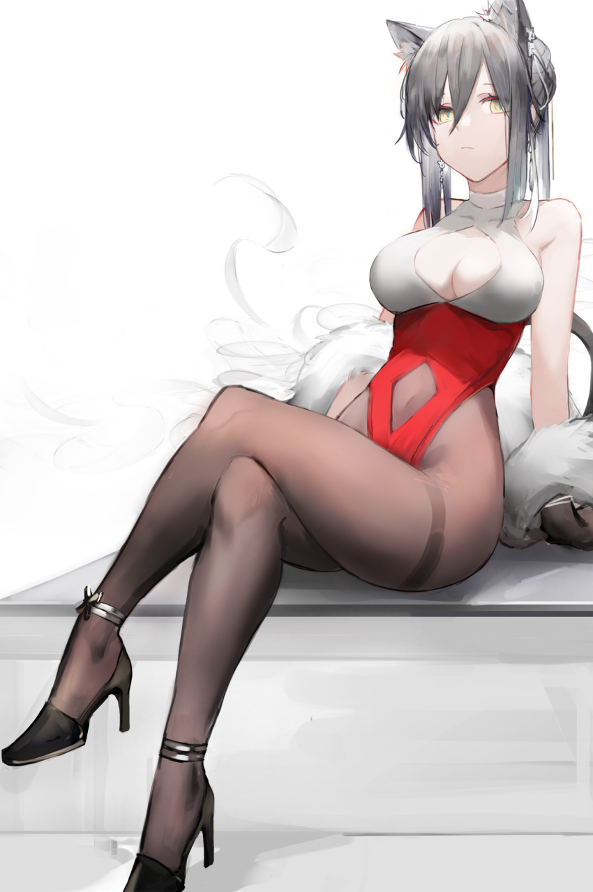 1girls 2023 animal_ear_fluff animal_ears arknights bare_shoulders black_hair boob_window breasts g-nai hair_between_eyes high_heels highres legs legs_together legwear leotard long_hair looking_at_viewer pantyhose schwarz_(arknights) simple_background sitting solo yellow_eyes