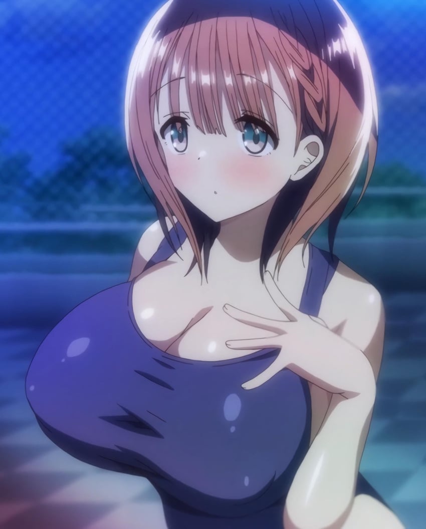 1girls anime_screencap blush bonyuu-chan_wa_dashitai breasts brown_hair bunnywalker large_breasts medium_hair ova sakurazawa_tomomi screencap screenshot stitched swimsuit t-rex_(animation_studio)