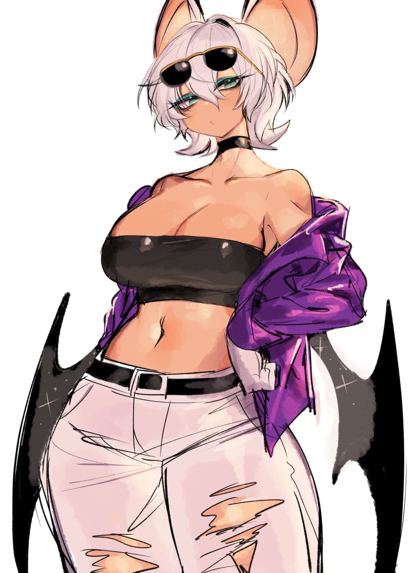 1girls 2020s 2023 bat_ears belt big_breasts black_belt black_wings breasts choker cleavage crop_top eyewear_on_head gijinka green_eyes hourglass_figure humanized jacket jacket_off_shoulders kemonomimi pants purple_jacket ripped_pants rouge_the_bat sega short_hair short_white_hair solo sonic_(series) sonic_the_hedgehog_(series) sunglasses sunglasses_on_forehead sunglasses_on_head the_murder_of_sonic_the_hedgehog usa37107692 white_background white_hair white_pants