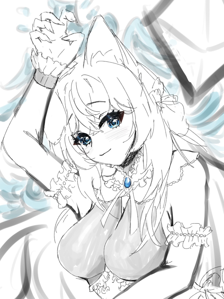 1girl animal_ears bangs bare_shoulders black_and_white blue_eyes blush breasts cat_ears closed_mouth detached_sleeves dog_ears dog_girl eyebrows_visible_through_hair female_only frills hair_between_eyes jewelry large_breasts long_hair looking_at_viewer lying medium_breasts monochrome on_back ribbon rkgk sleeveless smile solo spot_color upper_body virtual_youtuber vyugen white_hair yuniiho_(character)