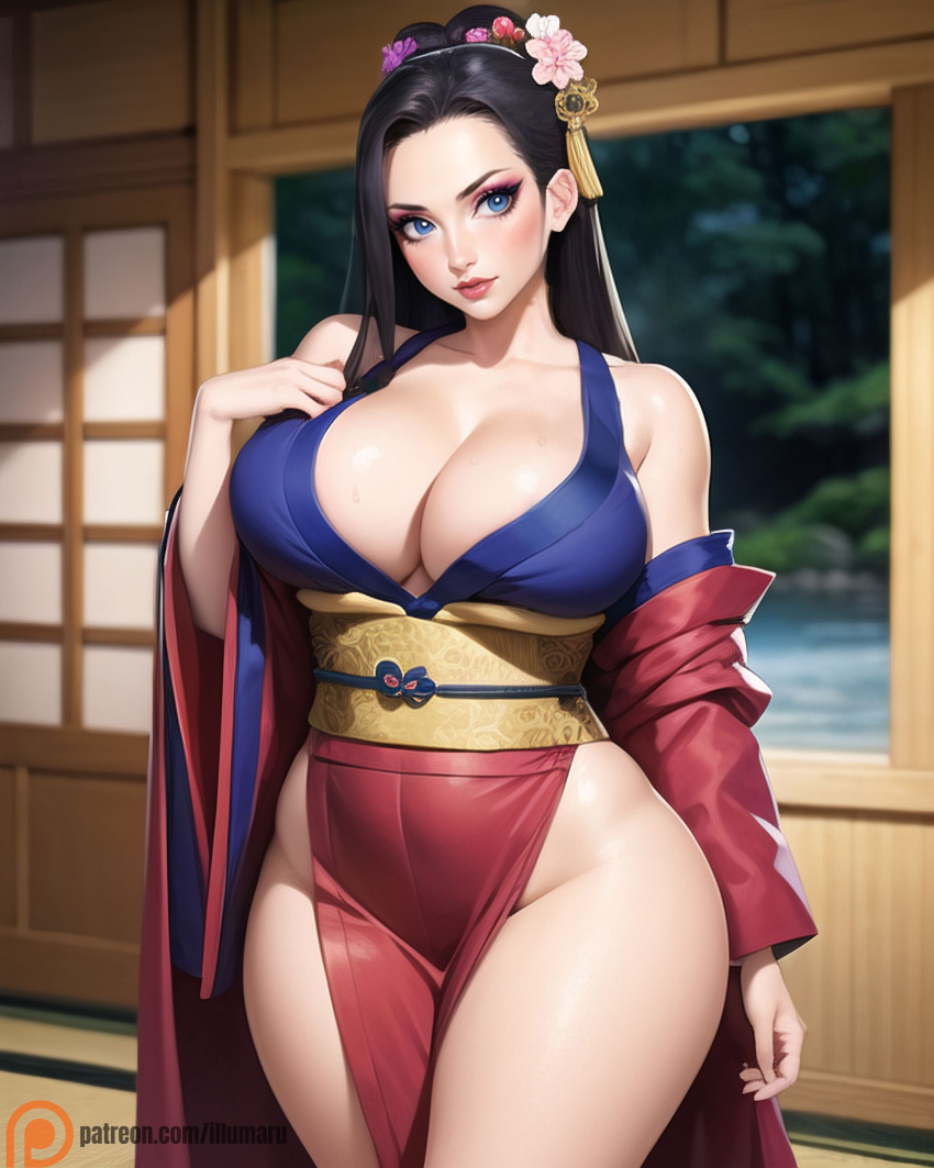 1girls ai_generated big_breasts black_hair breasts busty curvy female female_only geisha hi_res illumaru japanese_clothes kimono lips long_hair looking_at_viewer makeup nico_robin obi one_piece open_kimono orobi post-timeskip solo stable_diffusion standing thick_thighs thighs tied_hair wano_country