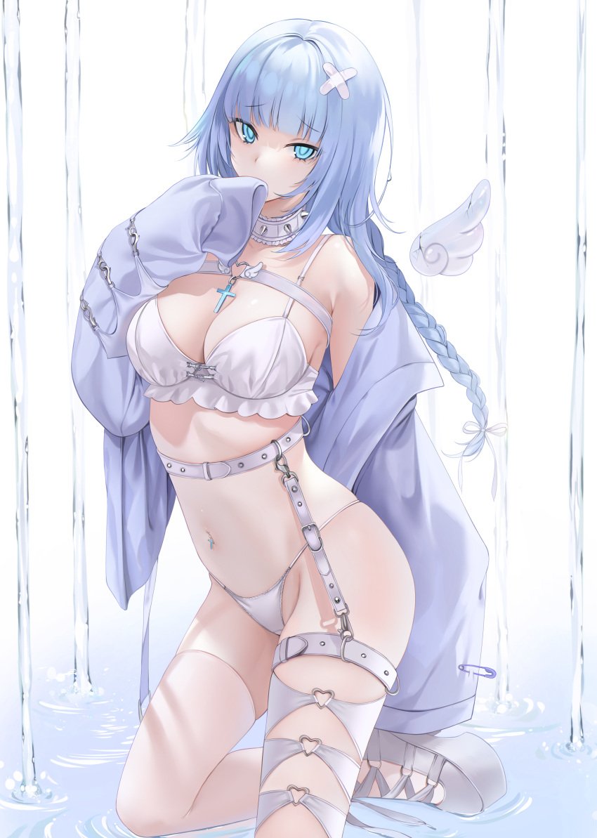 1girls absurd_res asymmetrical_legwear bare_shoulders belt blue_eyes blue_hair bra braid breasts buckle choker cleavage coat commentary covering_mouth cross cross-laced_footwear detached_wings female frilled_bra frills groin hair_flaps hair_ornament hand_up heart heart_o-ring highleg highleg_panties highres kneeling large_breasts light-skinned_female light_skin medium_breasts mismatched_legwear navel_piercing off_shoulder ompf open_clothes open_coat original panties piercing platform_footwear purple_coat raised_eyebrows safety_pin single_thighhigh sleeves_past_wrists solo string_panties studded_choker swimsuit symbol-only_commentary thigh_belt thigh_strap thighhighs underwear water white_belt white_bra white_choker white_footwear white_panties white_thighhighs wings x_hair_ornament