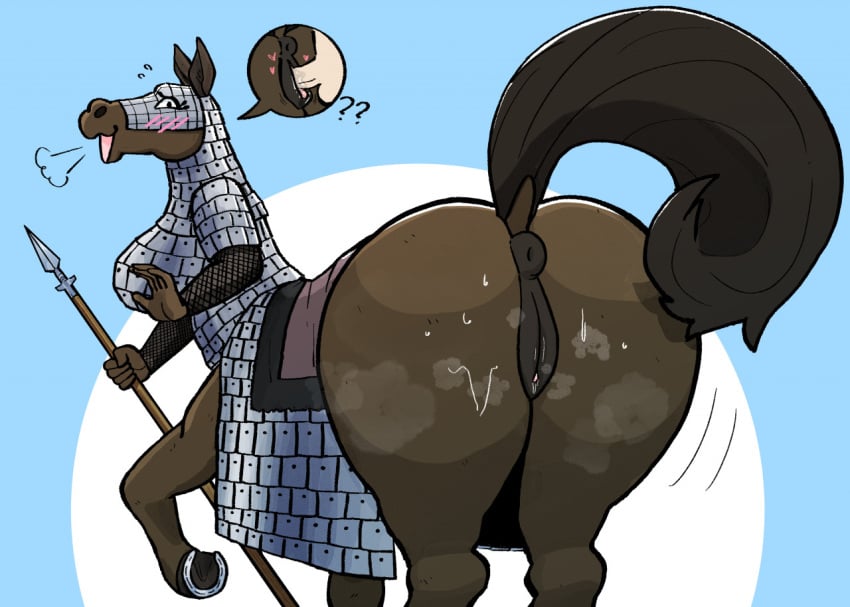 animal_genitalia animal_pussy anthro anus armor ass big_breasts big_butt bodily_fluids breasts brown_body brown_fur centaur_cataphract dubindore equid equid_taur equine equine_anus equine_genitalia equine_pussy equine_taur female feral feral_armor fur furgonomics genital_fluids genitals heart hooves horse horseshoe implied_vaginal inviting knight lamellar_armor looking_at_viewer mammal mammal_taur medieval_armour melee_weapon open_mouth pictographics polearm presenting presenting_hindquarters puffy_anus pussy pussy_juice raised_tail rear_view solo spear tail taur warrior weapon