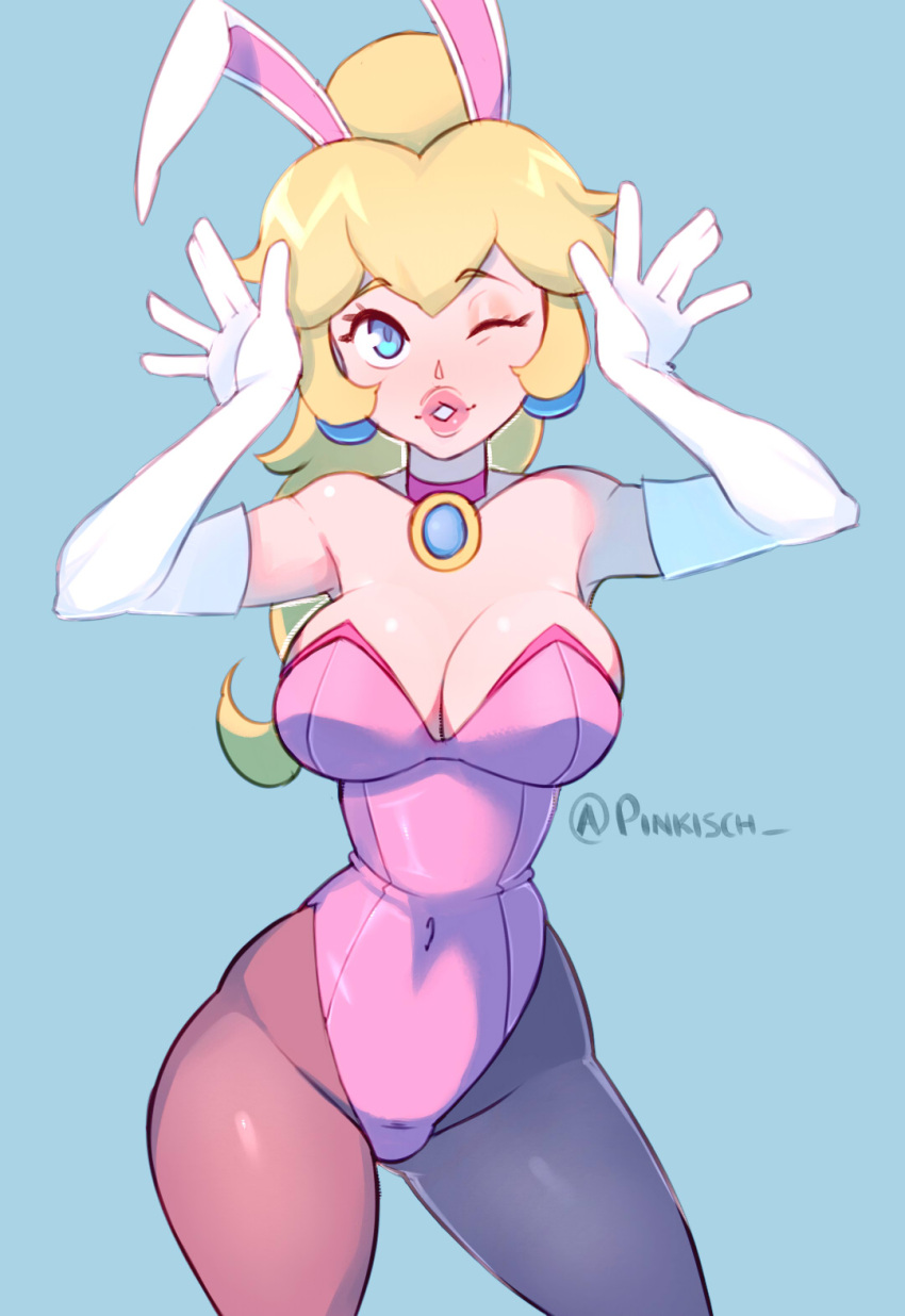 armpits blonde_hair blue_eyes breasts bunnysuit earrings light-skinned_female light_skin looking_at_viewer mario_(series) nintendo one_eye_closed pinkisch princess_peach thighs wink