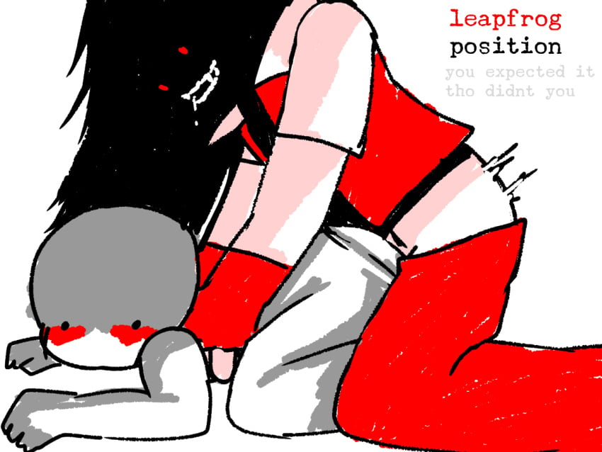 1boy 1girls ass black_hair blush blush_lines canines chest_grab clothing creepypasta friday_night_funkin gloves hips hypnos_lullaby kuuderealt leapfrog_position long_hair looking_at_another red_eyes rough_sex saliva_trail simple_background simple_coloring simple_shading smaller_female steven_(strangled_red) thrusting thrusting_into_ass torso_grab