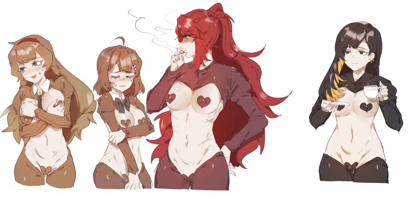 4girls binah black_hair brown_hair gebura_(lobotomy_corporation) hod_(lobotomy_corporation) library_of_ruina malkuth_(lobotomy_corporation) multicolored_hair multiple_girls pasties ponytail project_moon red_hair revealing_clothes reverse_bunnysuit scar scars smoking tagme tea