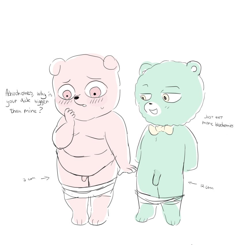 2023 achuchones_(unicorn_wars) anthro arna_burko bear belly blush bow_tie clothed clothing duo english_text genitals gordi_(unicorn_wars) hi_res male male/male mammal partially_clothed penis penis_size_difference pink_body slightly_chubby text underwear underwear_down unicorn_wars