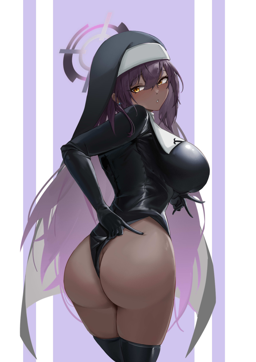 absurdres alternate_costume ass black_headwear black_leotard black_thighhighs blue_archive blush breasts commentary dark-skinned_female dark_skin female from_behind halo highres joker0744g justina_follower_(blue_archive) karin_(blue_archive) large_breasts latex_nun leotard long_hair looking_at_viewer looking_back millennium_science_school_student parted_lips purple_background purple_hair simple_background solo thighhighs thighs two-tone_background very_dark_skin yellow_eyes