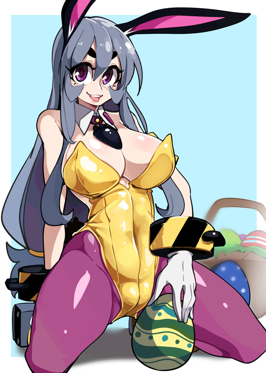 1girls absurd_res big_breasts black_eyebrows bongfillstudent bunny_ears bunny_girl bunny_industry_(bongfillstudent) bunnysuit carrot_necklace cuff_(restraint) detached_collar easter easter_egg female female_only gloves grey_hair holidays kneeling long_hair looking_at_viewer necklace pantyhose purple_eyes purple_pantyhose smiling smiling_at_viewer solo tank_bunny_(bongfillstudent) thick_eyebrows wrist_cuffs