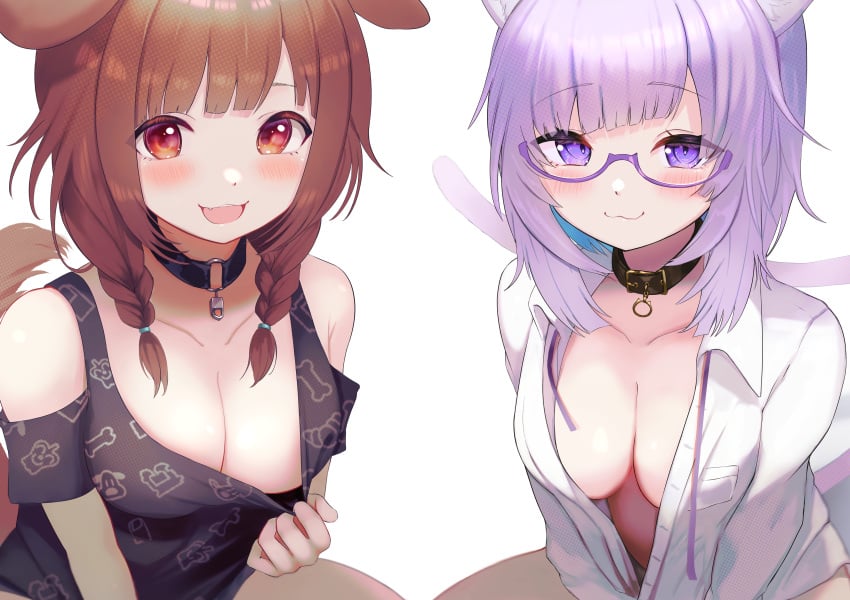 2022 2girls :3 :3d absurdres ahoge alternate_version_available animal_collar animal_ear_fluff animal_ears animal_print bare_shoulders black_choker black_collar black_tank_top blunt_bangs blush bone_print braid breasts brown_eyes brown_hair brown_tail buket_pudding_i cat_ears cat_girl cat_tail choker cleavage cleavage_pull clothes_pull clothing_cutout collar collarbone commentary_request dog_ears dog_girl dog_print dog_tail downblouse fangs female female_only from_above glasses hair_over_shoulder highres hololive hololive_gamers hololive_japan inugami_korone large_breasts long_hair long_sleeves looking_at_viewer low_twin_braids multiple_girls nekomata_okayu no_pants o-ring o-ring_choker open_mouth panties print_shirt purple-framed_eyewear purple_eyes purple_hair revision shirt shirt_pull short_shorts shorts shoulder_cutout side_braids sitting smile tail tank_top twin_braids underwear virtual_youtuber white_shirt