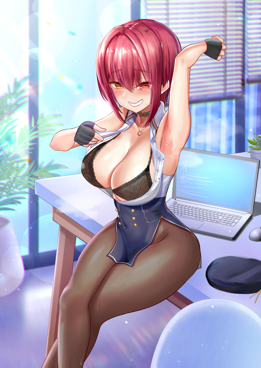 1girls 2023 alternate_version_available arm_up armpit big_breasts black_bra bra breasts choker cleavage clothed clothed_female clothing collarbone colored crossed_legs heterochromia hololive hololive_fantasy hololive_japan houshou_marine jagoo_(artist) jewelry lace-trimmed_bra office office_lady open_clothes open_shirt red_eye red_hair shirt sitting sitting_on_table skirt solo sweat sweatdrop sweaty_armpit table thick_thighs thighs virtual_youtuber white_shirt yellow_eye