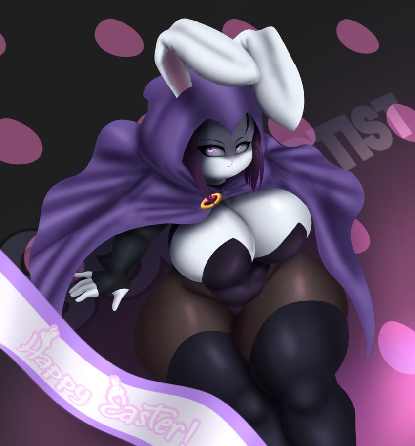 1girls anthro belly_button bunny_ears bunny_girl bunny_raven bunnysuit cloak dc dc_comics digital_media_(artwork) easter eyeliner fingerless_gloves furry gloves large_breasts looking_at_viewer looking_up pattern_background rachel_roth raven_(dc) sitting skin_tight snowyblue solo teen_titans thick_thighs tights watermark