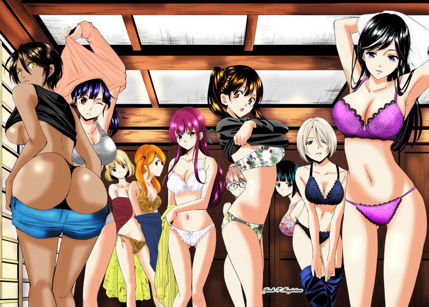 10girls 6+girls ass big_ass big_breasts black_hair blonde_hair blush bra breasts brown_hair busty character_request cleavage dark-skinned_female dark_skin denim denim_shorts female female_only green_hair hououji_akane indoors jackthemagician lifted_by_self light-skinned_female light_skin lingerie long_hair looking_at_viewer makuzawa_ouka megami_no_kafeterasu mooning multiple_girls ono_shiragiku orange_hair panties pants pants_down presenting presenting_ass presenting_breasts presenting_hindquarters pulled_by_self purple_hair red_hair round_ass shirt shirt_lift short_hair short_shorts shorts sideboob take_your_pick topless tsukishima_riho tsuruga_ami underboob underwear undressing voluptuous voluptuous_female