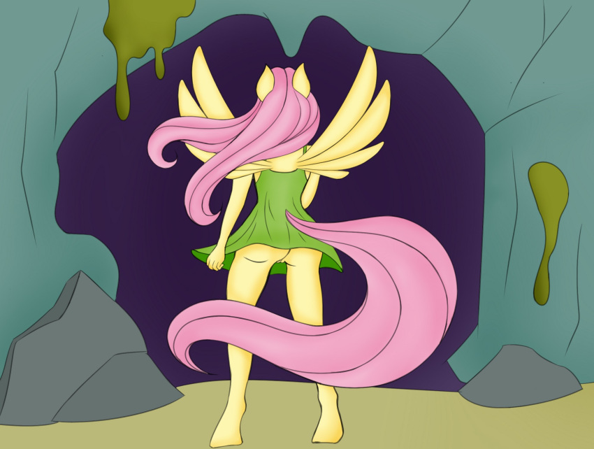 ass clothing drakxs dress equid equine feathered_wings feathers female fluttershy_(mlp) friendship_is_magic genitals green_clothing green_dress hair hasbro hi_res hooves long_tail mammal my_little_pony pegasus pink_hair pink_tail pussy rock standing straight_hair tail unguligrade wings yellow_body yellow_feathers