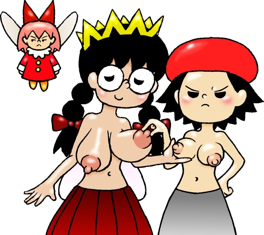 2015 3girls adeleine annoyed beret big_breasts black_hair blush bow breasts crown fairy female female_only hair hat human kirby_(series) kirby_64 kirby_64:_the_crystal_shards milktimeforme multiple_girls navel nintendo nipple_pinch nipples partially_clothed pink_hair queen_ripple ribbon_(kirby) shoes skirt source_request topless video_games wings yuri