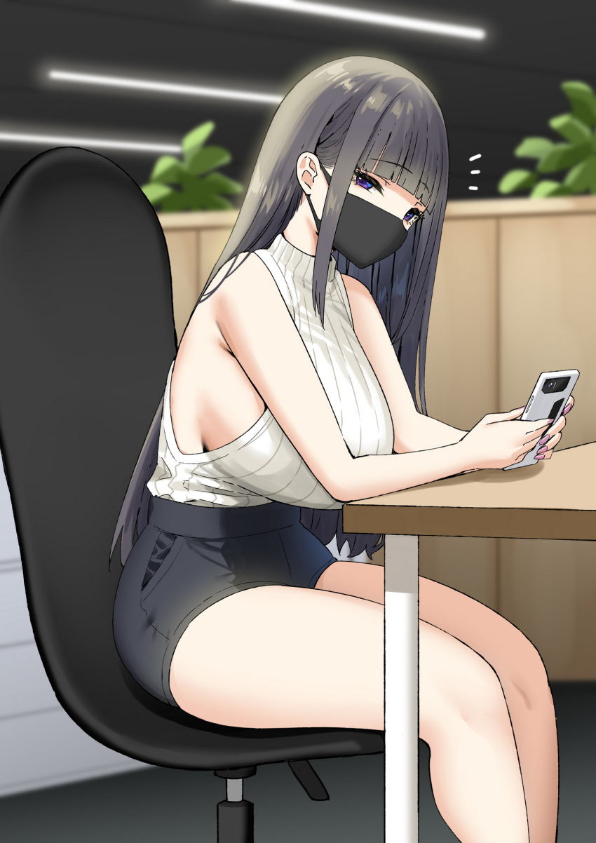 aimi_(sky_(freedom)) black_hair black_shorts blurry blurry_background breasts chair female highres hime_cut holding holding_phone huge_breasts indoors joshi_kōsei_rich_thots long_hair mask mouth_mask office_chair office_lady original phone purple_eyes ribbed_shirt shirt shirt_tucked_in short_shorts shorts sideboob sitting sky_(freedom) sleeveless sleeveless_shirt solo swivel_chair table white_shirt