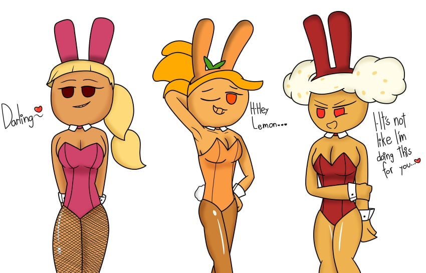 3girls alternate_version_at_source big_breasts breasts bunny_costume bunny_ears bunny_girl bunnygirl bunnysuit cookie_run cookie_run_ovenbreak female female_only medium_breasts orange_cookie pink_choco_cookie popcorn_cookie posing stockings suggestive_look tsundere