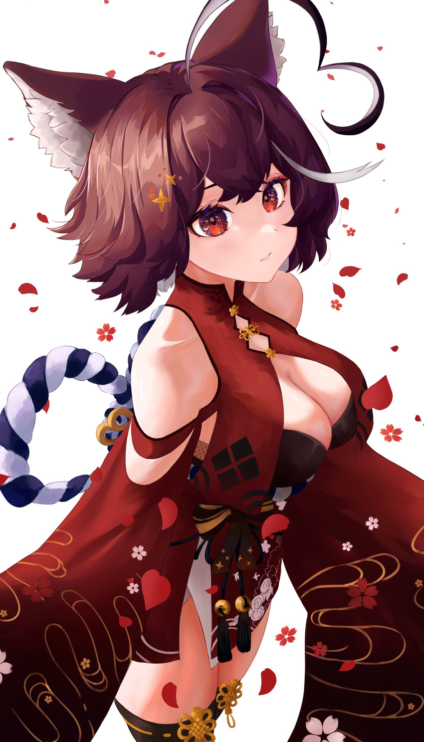 1girl ahoge animal_ears bangs bare_shoulders black_legwear breasts brown_hair cat_ears cleavage cleavage_cutout closed_mouth detached_sleeves dress eyebrows_visible_through_hair female flower hair_ornament looking_at_viewer medium_breasts momotexx_(vtuber) petals red_dress red_eyes short_hair shoulder_cutout solo tail thighhighs virtual_youtuber vyugen white_background wide_sleeves wolf_ears wolf_girl