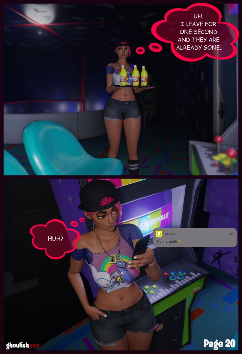 1girls 3d arcade baseball_cap beach_bomber blender bottomwear brite_bomber brown_eyes cap cellphone chairs clothed clothing curvy curvy_body curvy_female curvy_figure dark-skinned_female dark_bomber english_text epic_games eyelashes female female_only fortnite front_view ghoulishxxx hat headwear jean_shorts light-skinned_female light_skin necklace nightclub page_20 petite phone pink_eyeshadow pink_hair ponytail shirt shorts skinny snapchat solo solo_female solo_focus standing tan_body tan_skin text text_box text_bubble thick_thighs topwear viewed_from_above watermark