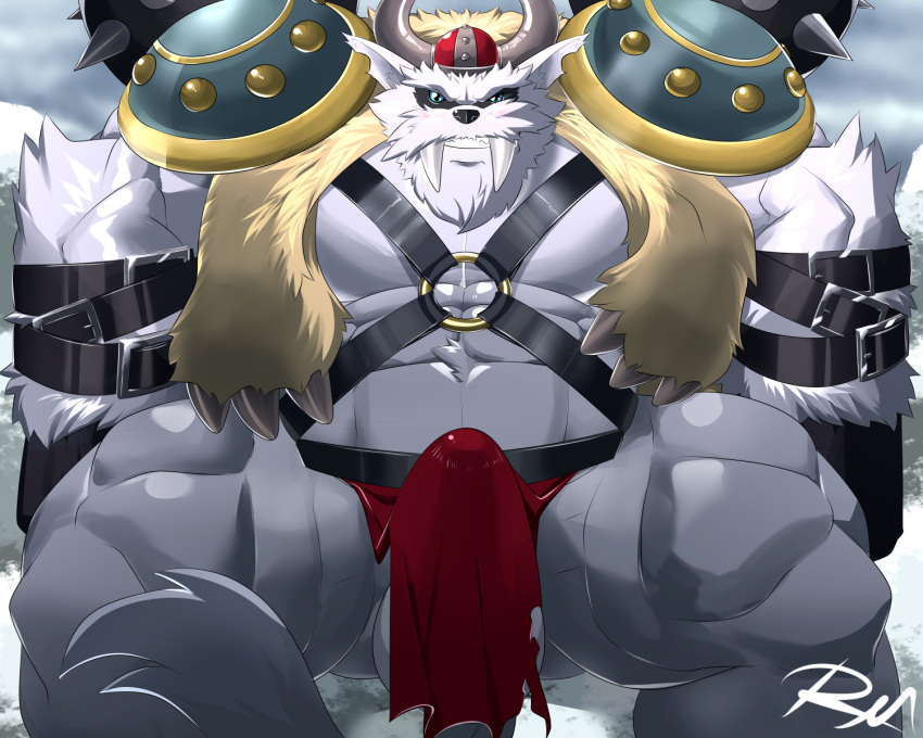 anthro armor balls bandai_namco blue_eyes boner bottomwear clothing digimon digimon_(species) erection erection_under_loincloth fur genitals grin headgear helmet hi_res horn horned_helmet loincloth male male_only muscular muscular_anthro muscular_male pecs reclamon smile solo tusks vikemon white_body white_fur