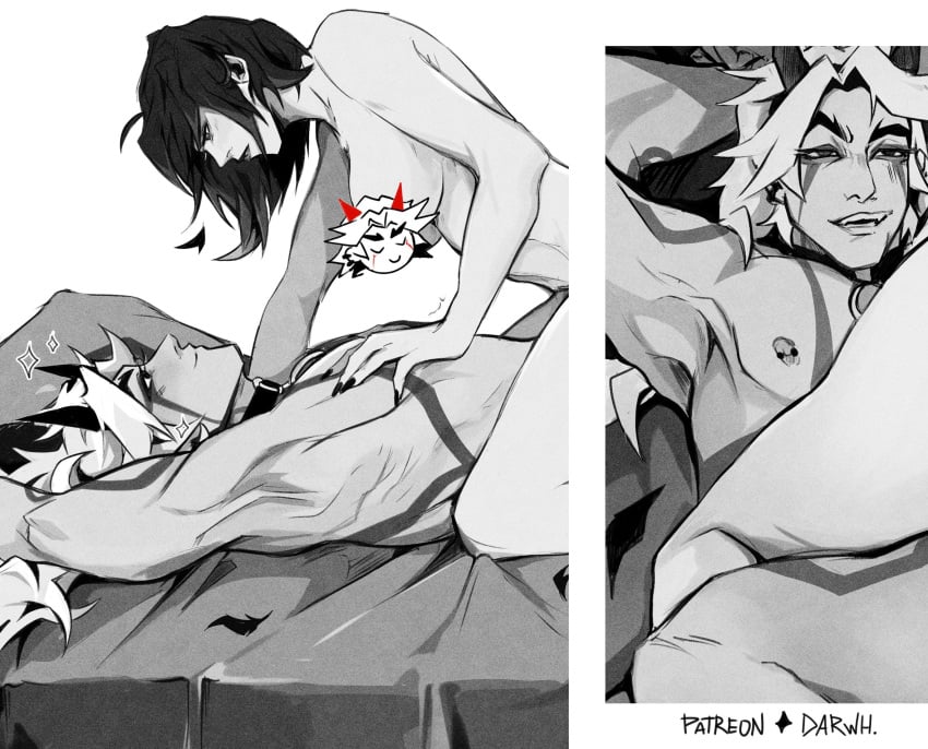 1boy 1boy1girl 1girls arataki_itto cowgirl_position darwh eye_contact feathers female female_on_top femdom genshin_impact greyscale horns kujou_sara male male/female muscular muscular_male nails nude on_back on_bed oni oni_horns sensual side_view straight