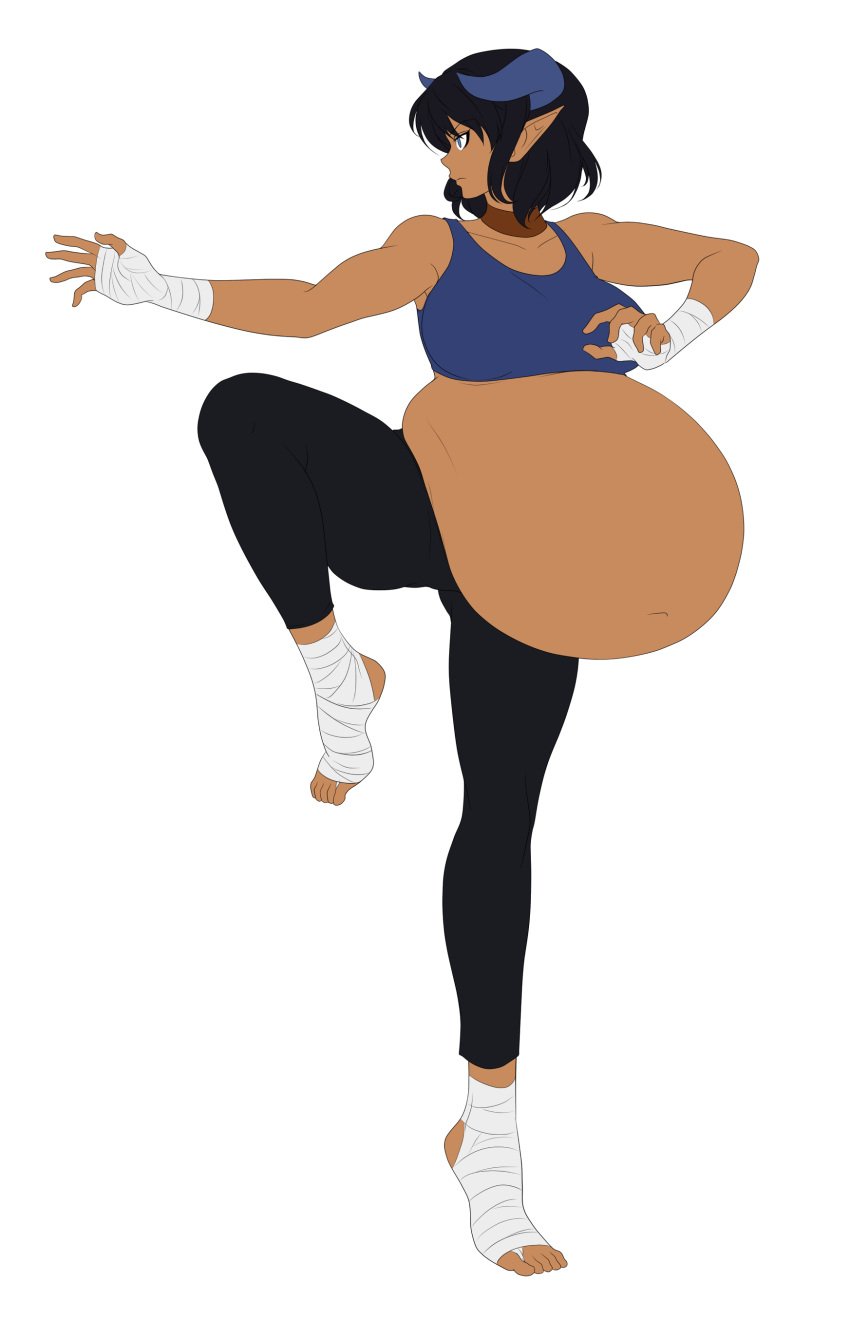 1girls balancing bandaged_arms bandaged_legs bandages belly belly_bulge black_hair blue_eyes dark-skinned_female dark_skin focused horns looking_left martial_arts obese original original_character practice saburox training water_inflation white_background yoga_pants