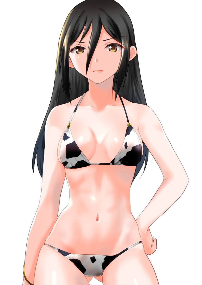 1girls bikini black_hair bracelet breasts cow_print cow_print_bikini cow_print_swimsuit hand_on_hip long_hair looking_at_viewer medium_breasts midriff morag_ladair_(xenoblade) navel nayuta-kanata nintendo swimsuit xenoblade_(series) xenoblade_chronicles_2 yellow_eyes