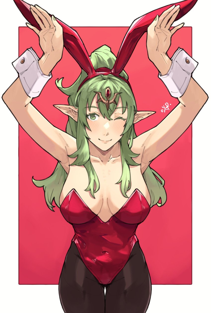 1girls absurdres alternate_costume animal_ears armpits arms_up breasts bunny_ears bunny_girl bunnysuit covered_navel fake_animal_ears female female female_only fire_emblem fire_emblem_awakening green_eyes highres leotard long_hair looking_at_viewer medium_breasts nintendo one_eye_closed pantyhose playboy_bunny pointy_ears rabbit_ears red_leotard red_ribbon ribbon sakuremi smile solo strapless strapless_leotard thigh_gap tiara tiki_(adult)_(fire_emblem) tiki_(fire_emblem) watermark wrist_cuffs