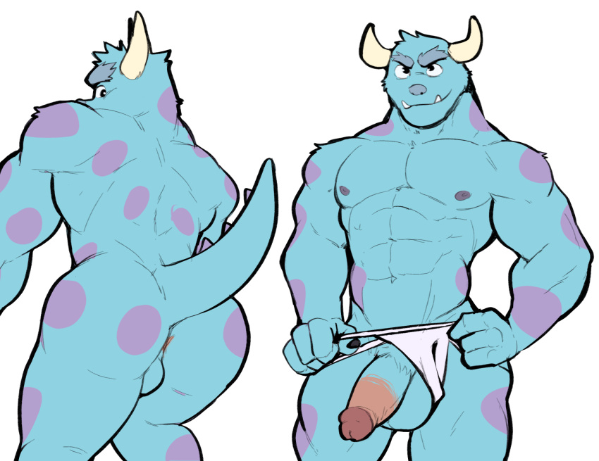 2023 abs anthro anus ass balls bara blue_body blue_fur clothing disney fur furry gay genitals hi_res horn jockstrap jrjresq looking_at_viewer looking_back looking_back_at_viewer male male_only monster monsters_inc monsters_university multicolored_body multicolored_fur muscular muscular_male nipples nude penis penis_through_leghole pixar purple_body purple_fur simple_background smile solo spots spotted_body spotted_fur sulley two_tone_body two_tone_fur underwear white_background yaoi