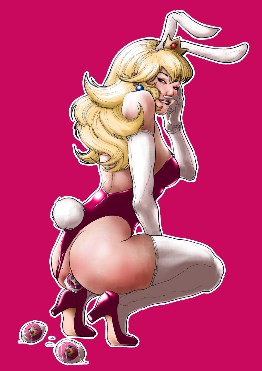 blonde_hair bunny_ears bunny_girl bunny_tail bunnysuit easter easter_egg egg female female_focus gloves heels leotard leotard_aside long_gloves mario_(series) mornth pink_bunnysuit princess princess_peach voyeur voyeurism