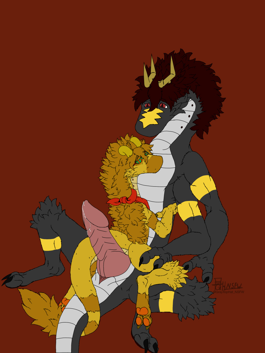 absurd_res bandana bodily_fluids broken_horn cheek_tuft dragon duo facial_tuft female fluffy fluffy_tail flute_dragon fur furred_dragon genital_fluids hand_on_leg hi_res holding_leg holding_thigh horn kerchief kerstin_(sajay) larger_male looking_back male male/female on_lap pawpads penis_on_butt penis_on_pussy precum ringed_eyes sajay sajay_(sajay) sitting_on_another sitting_on_lap size_difference smaller_female tail tail_tuft tuft